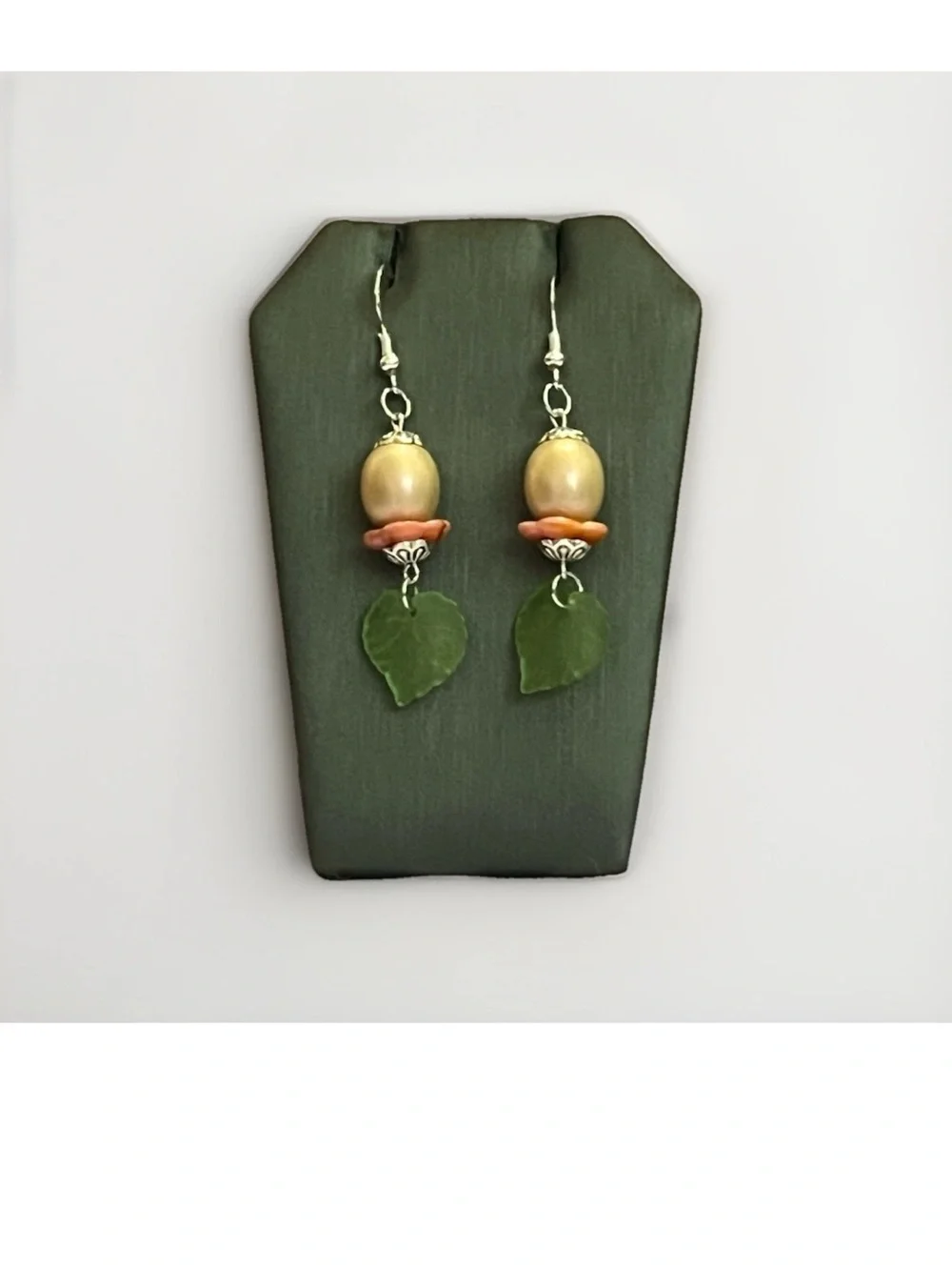 Handcrafted Green Glass Leaf Drop Earrings Floral Bead Dangle Silver Fall Vibe